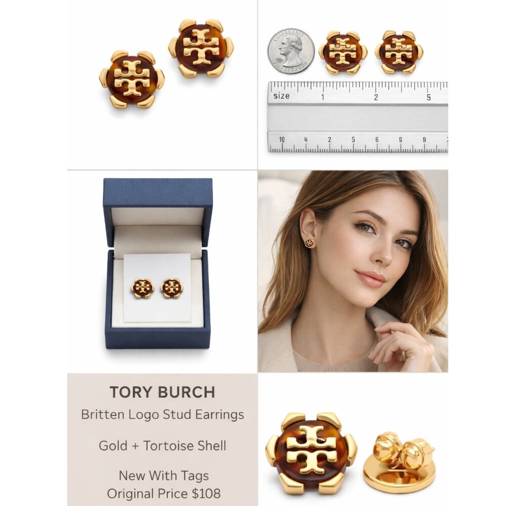 Tory Burch Britten Logo Stud Earrings Gold Tortoise Enamel Style 80248 - Picture 7 of 8